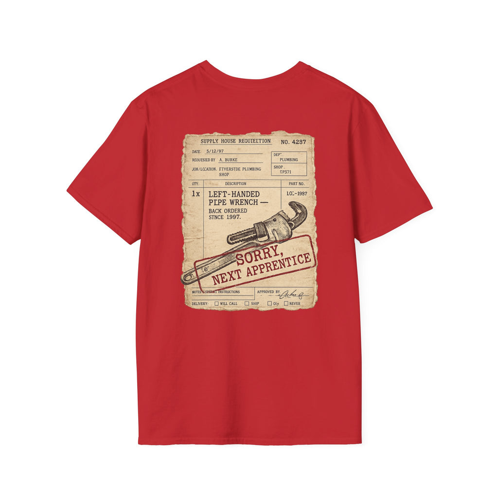 Left-Handed Pipe Wrench Plumber T-Shirt | Funny Apprentice Joke Tee