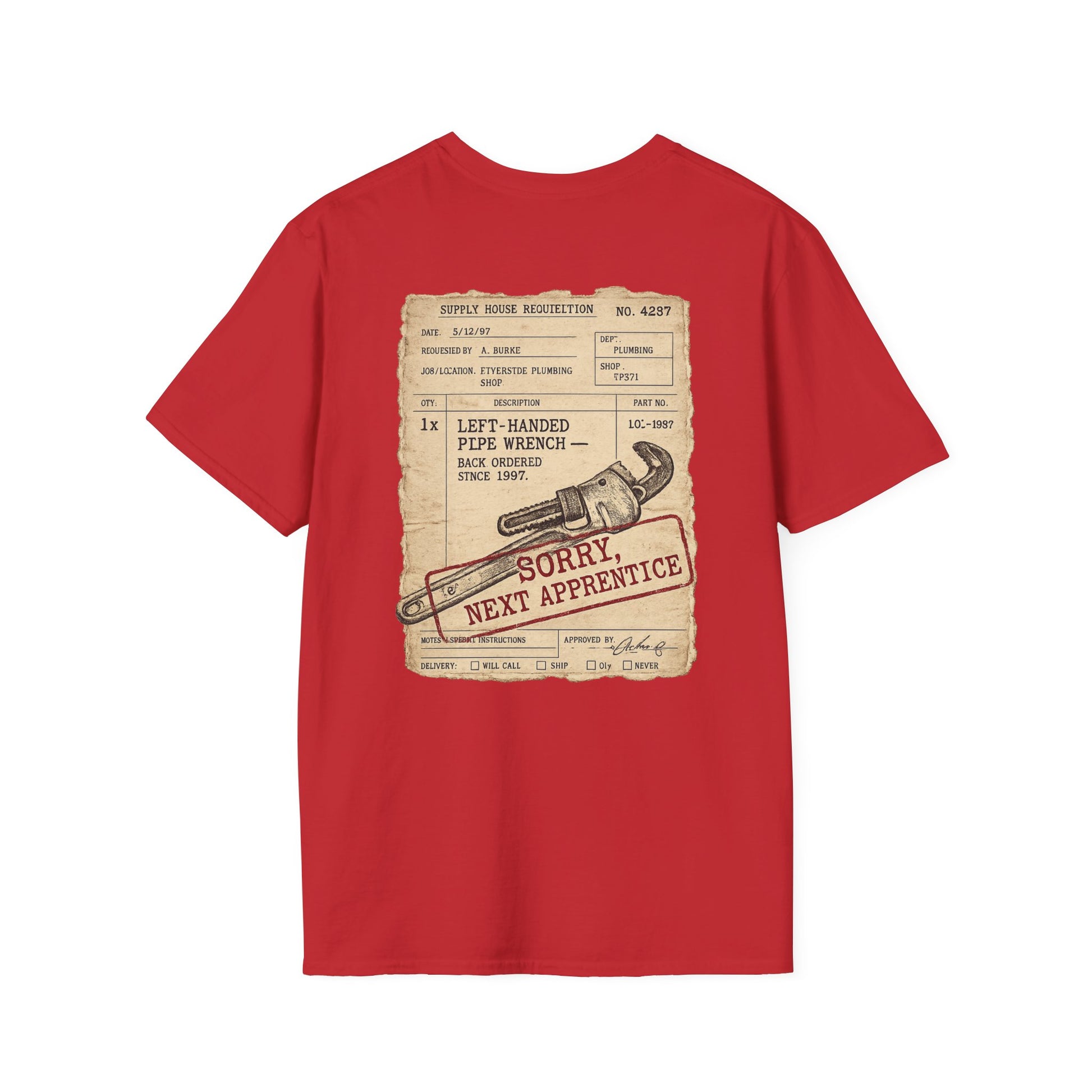 Left-Handed Pipe Wrench Plumber T-Shirt | Funny Apprentice Joke Tee