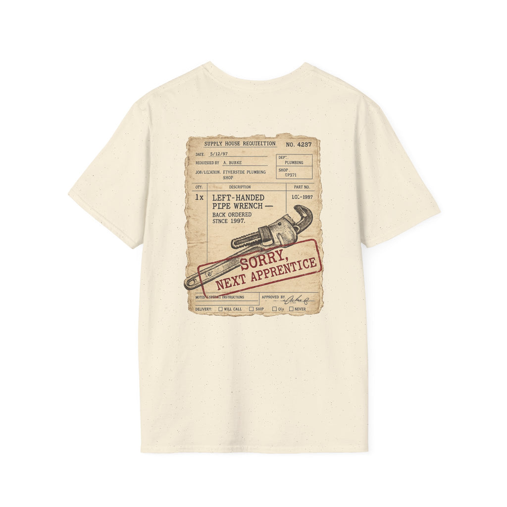 Left-Handed Pipe Wrench Plumber T-Shirt | Funny Apprentice Joke Tee
