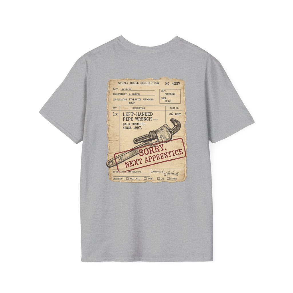 Left-Handed Pipe Wrench Plumber T-Shirt | Funny Apprentice Joke Tee