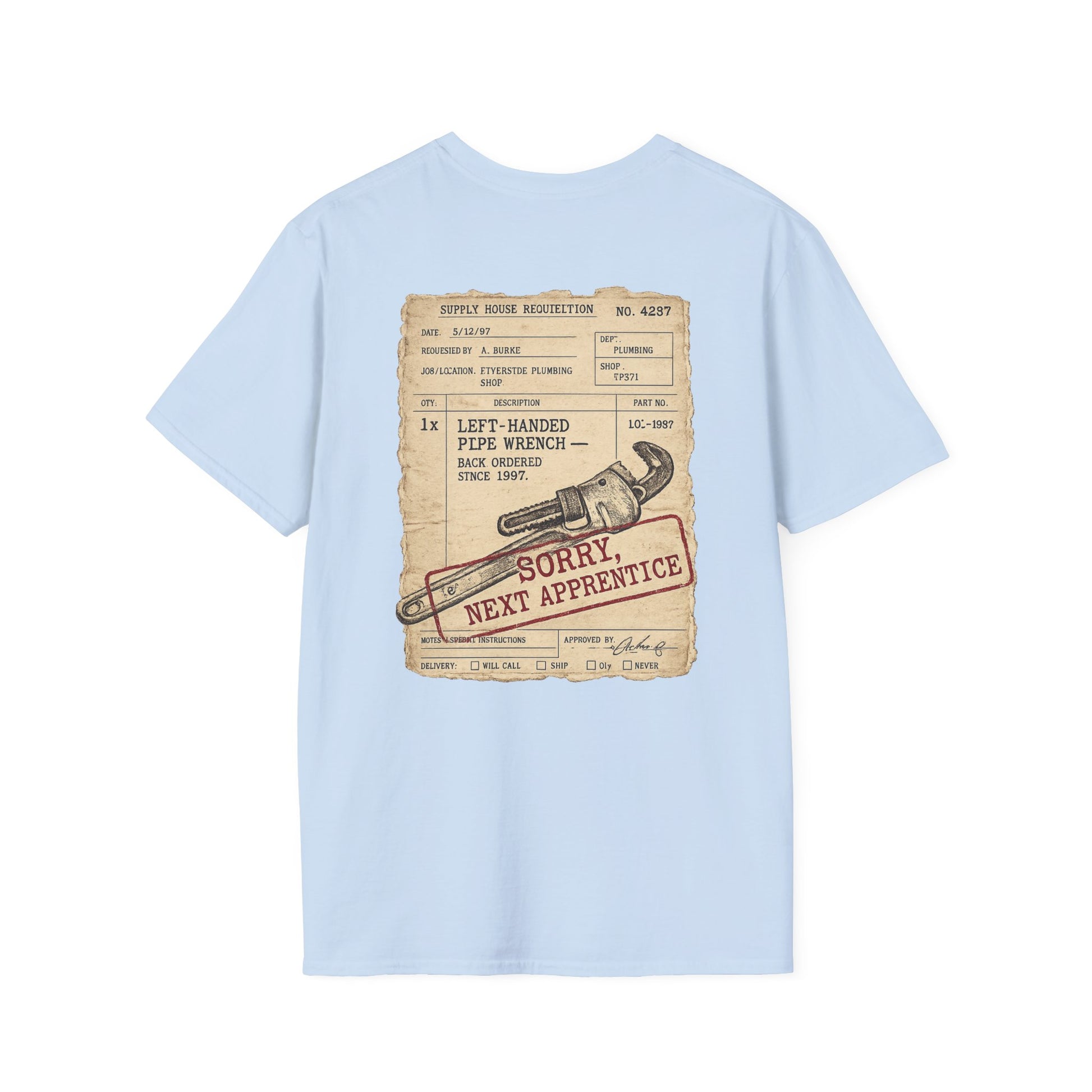 Left-Handed Pipe Wrench Plumber T-Shirt | Funny Apprentice Joke Tee